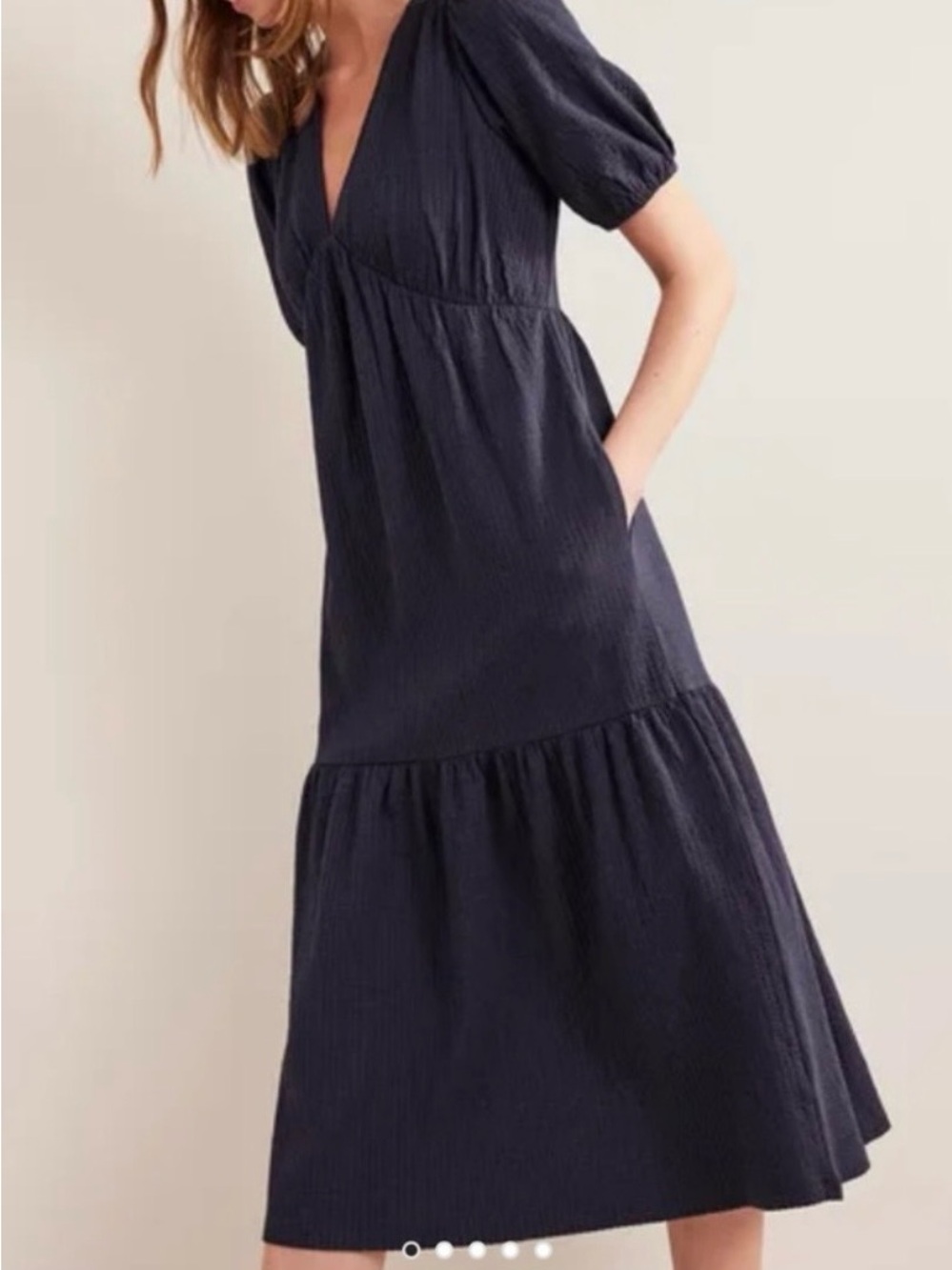 Boden Seersucker Midi V-Neck Dress Navy Blue Size 8 Pockets Casual Minimalist